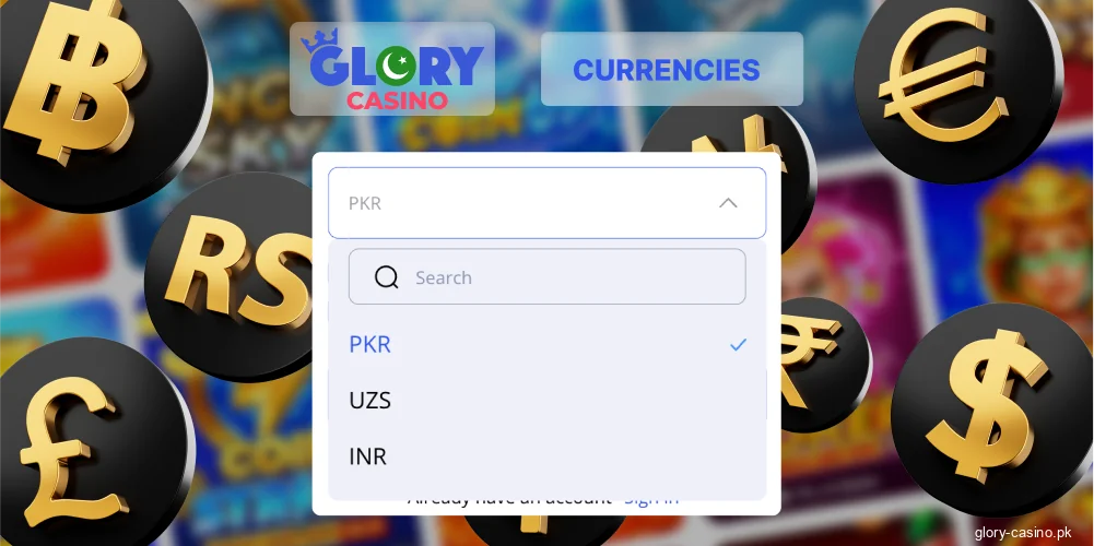 Supported currencies at Glory Casino Pakistan