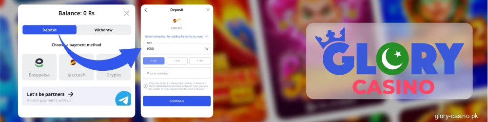 Deposit methods on Glory Casino Pakistan