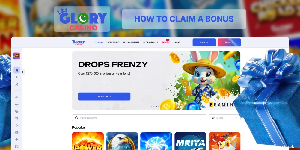 Open official Glory Casino website