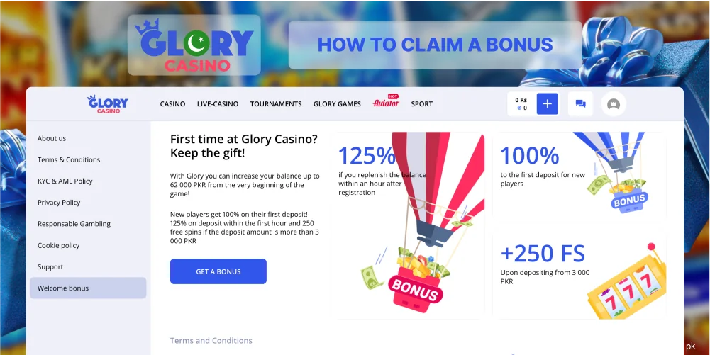Check bonus offers on Glory Casino