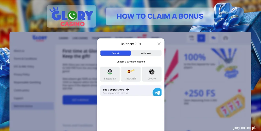 Select and activate Glory Casino bonus