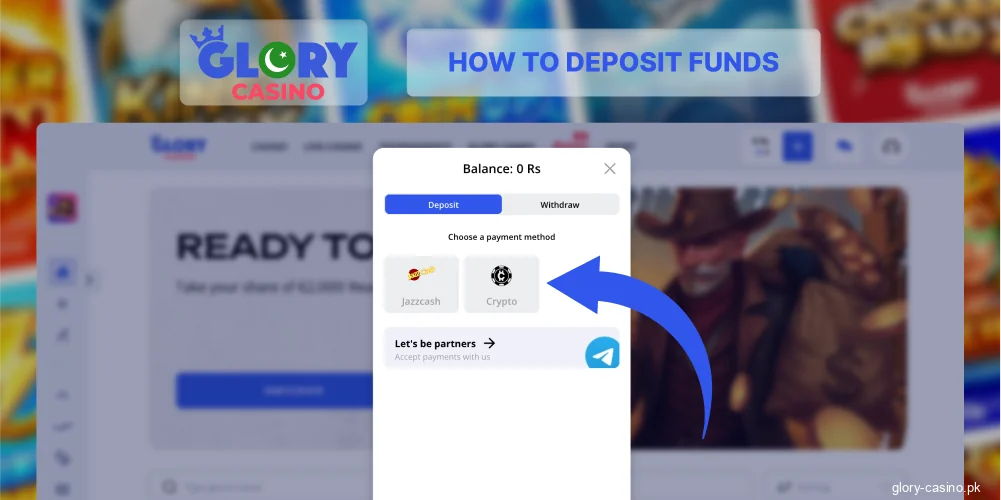 Choose payment method at Glory Casino