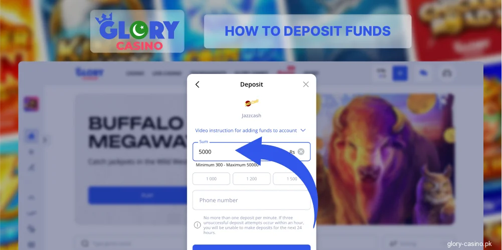 Enter deposit details on Glory Casino