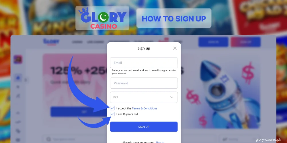 Accept terms on Glory Casino signup