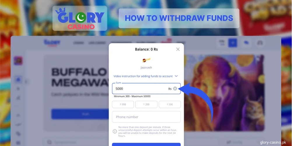 Specify amount on Glory Casino cashout