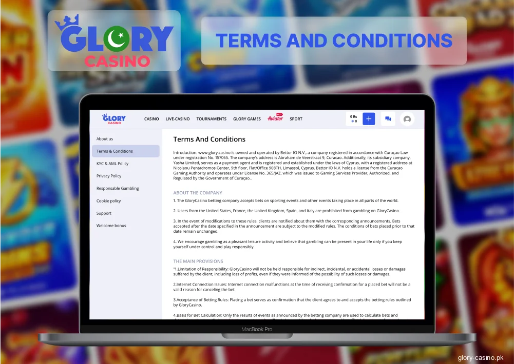 Glory Casino terms for Pakistani players