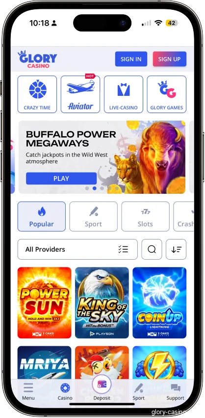 Glory Casino Main Page
