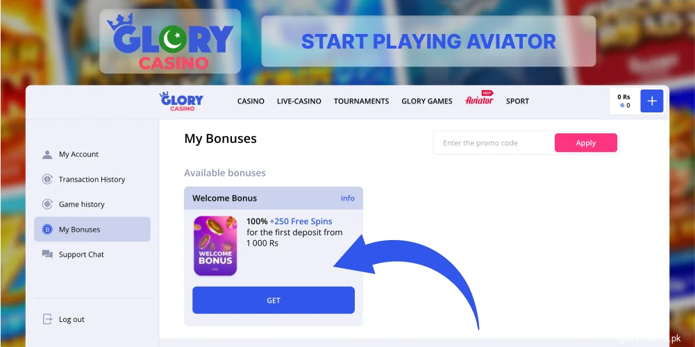 Get Aviator bonus on Glory Casino