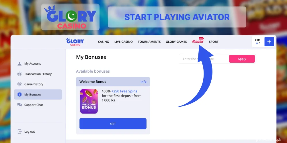 Launch Aviator game on Glory Casino site