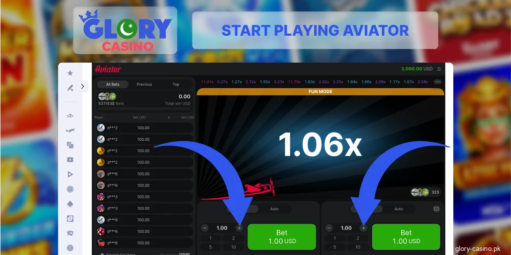 Set Aviator bet at Glory Casino