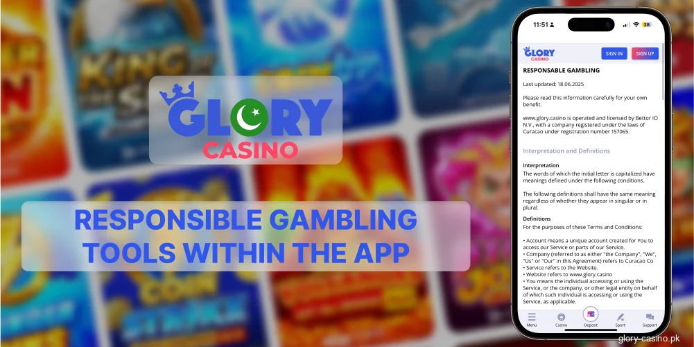 Responsible play tools Glory Casino app